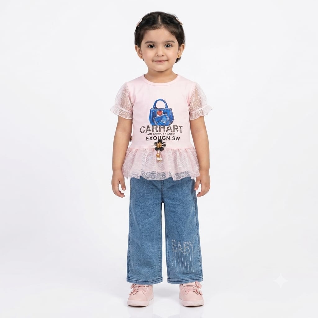 Girls Pink Mesh Peplum Top & Denim Wide-Leg Pants Set