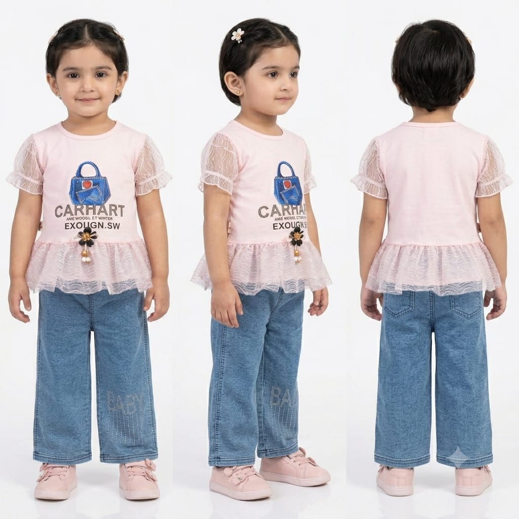 Girls Pink Mesh Peplum Top & Denim Wide-Leg Pants Set
