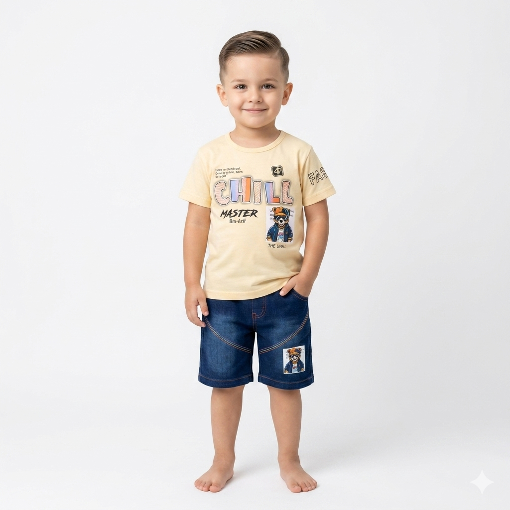 Kids "Chill Master" Summer Tee & Denim Shorts 2-Piece Set