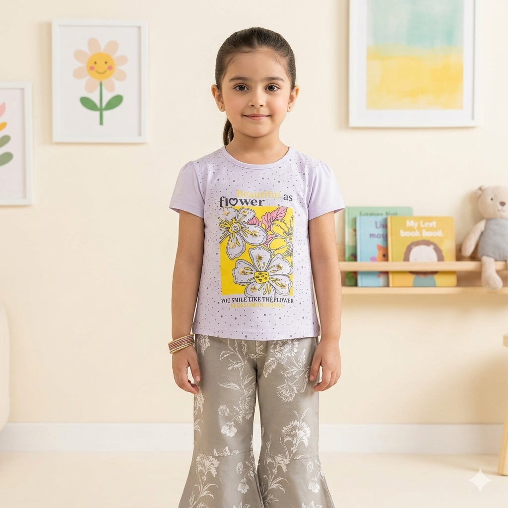 Girls’ Lavender "Beautiful" Floral Puff Sleeve & Printed Bell Bottom Set