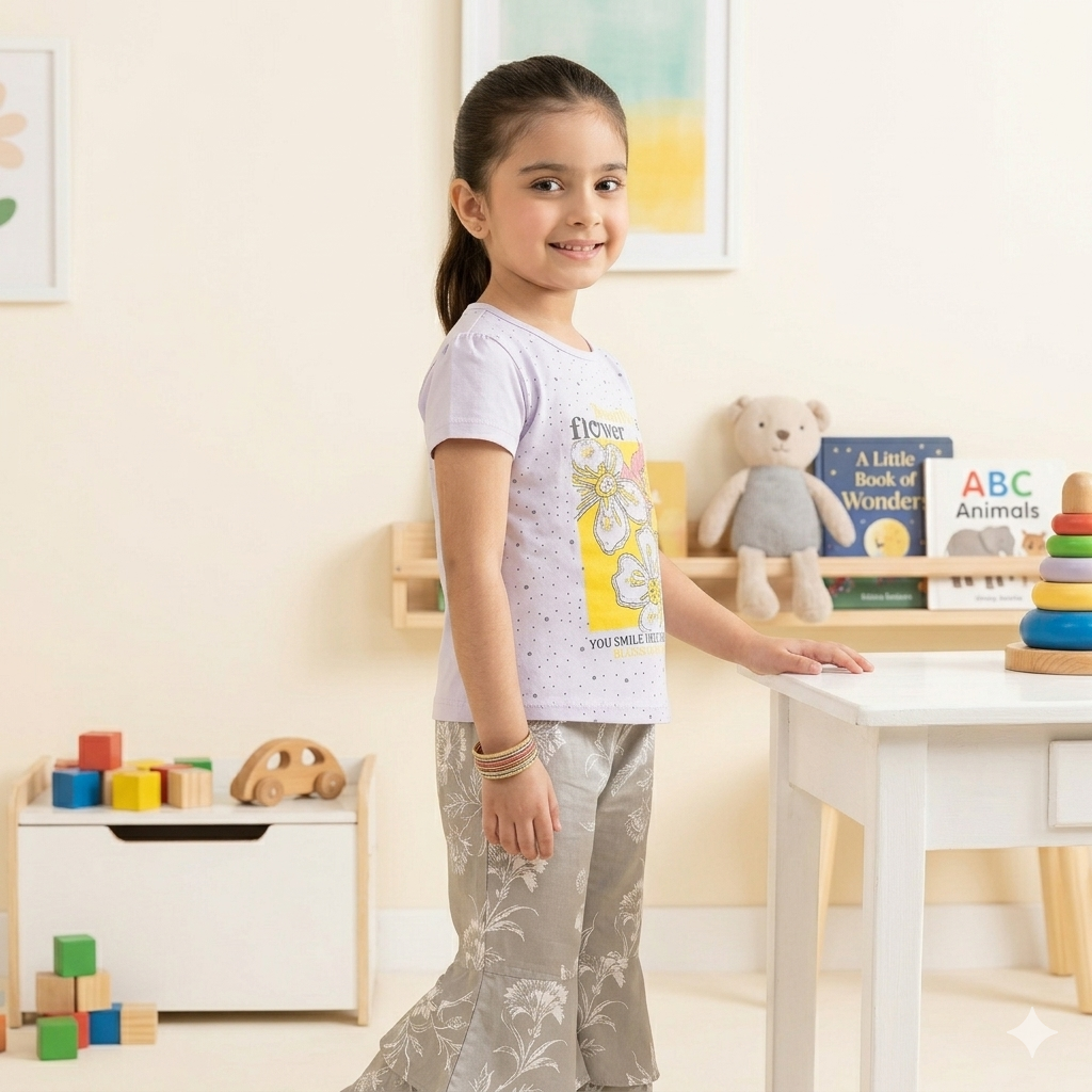Girls’ Lavender "Beautiful" Floral Puff Sleeve & Printed Bell Bottom Set