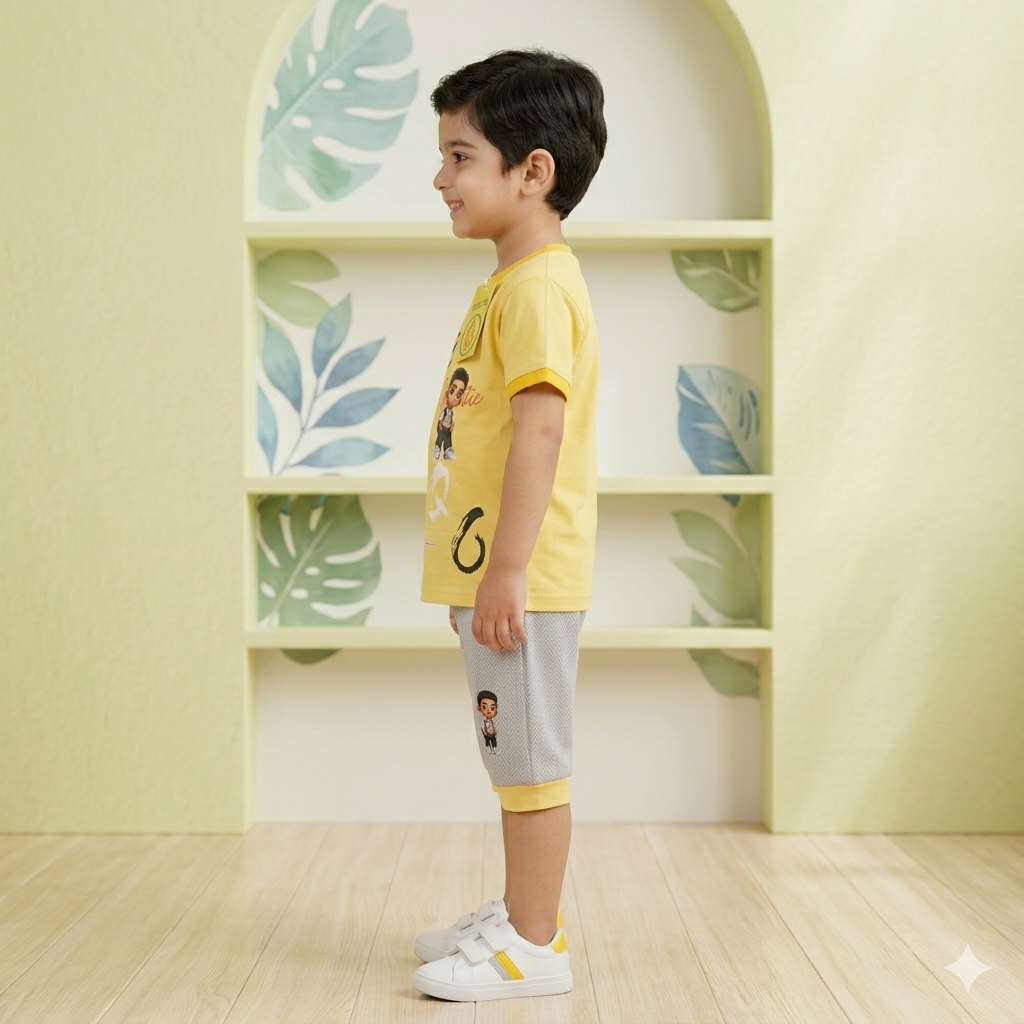 Kids Boys Graphic Printed Yellow T-Shirt and Grey Shorts Set