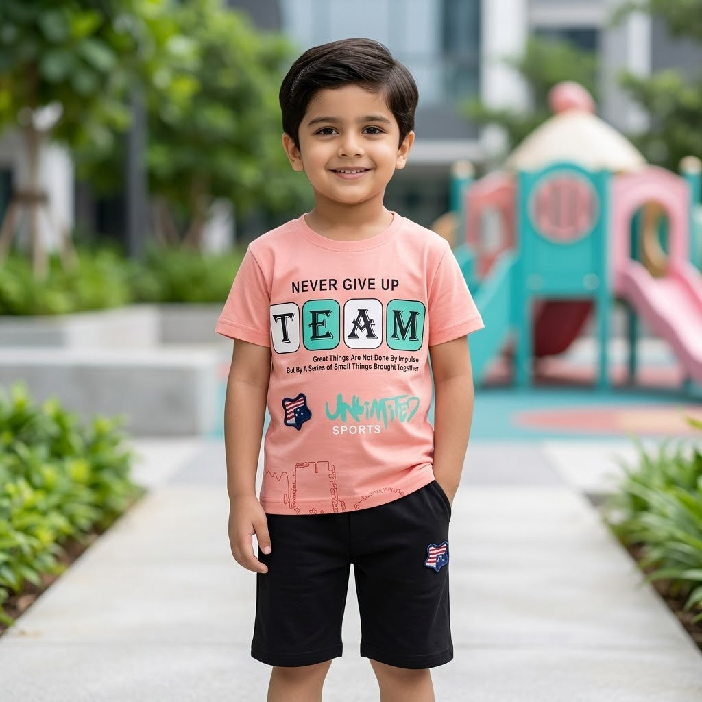 "TEAM" Printed Peach T-Shirt & Black Shorts