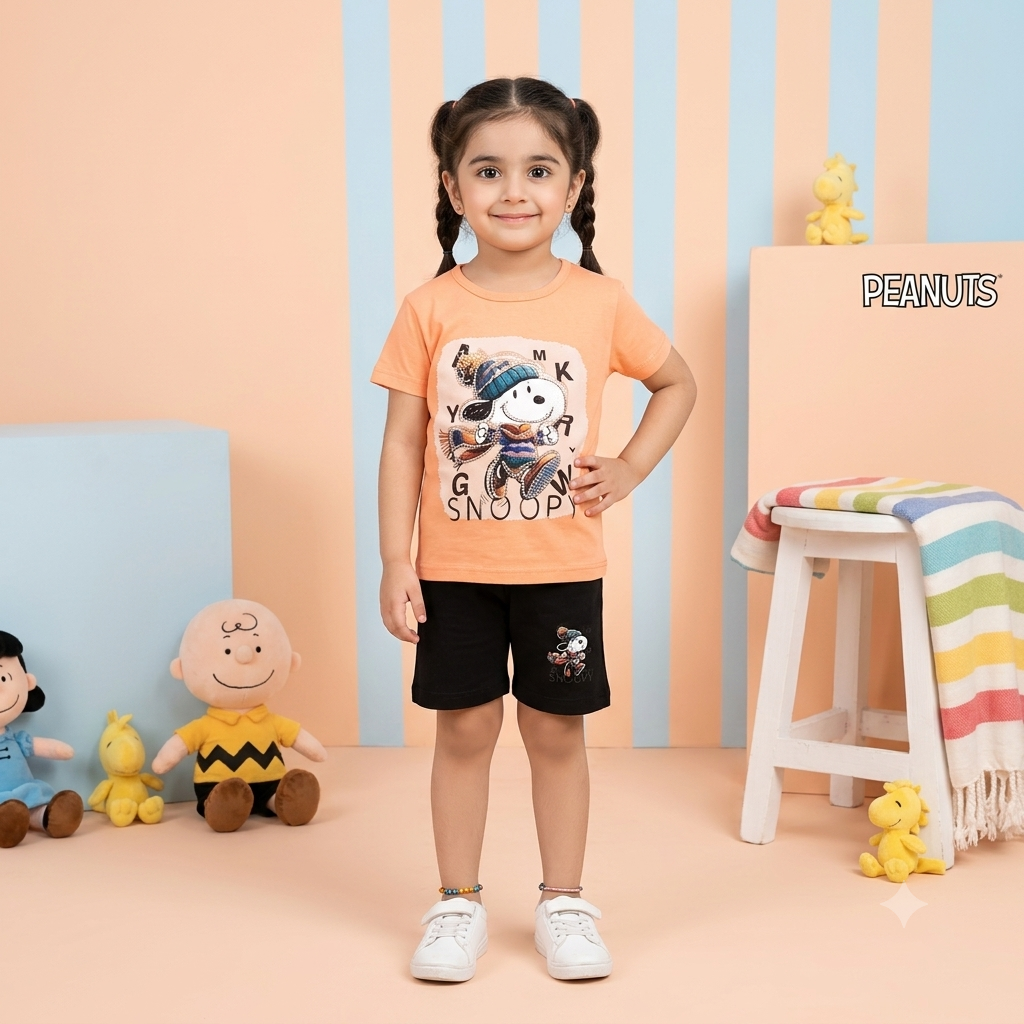 Snoopy Graphic T-Shirt and Shorts Two-Piece Set – Peach & Black