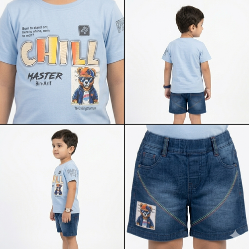 Boys "CHILL MASTER" Graphic Tee & Denim Shorts Casual Co-Ord Set