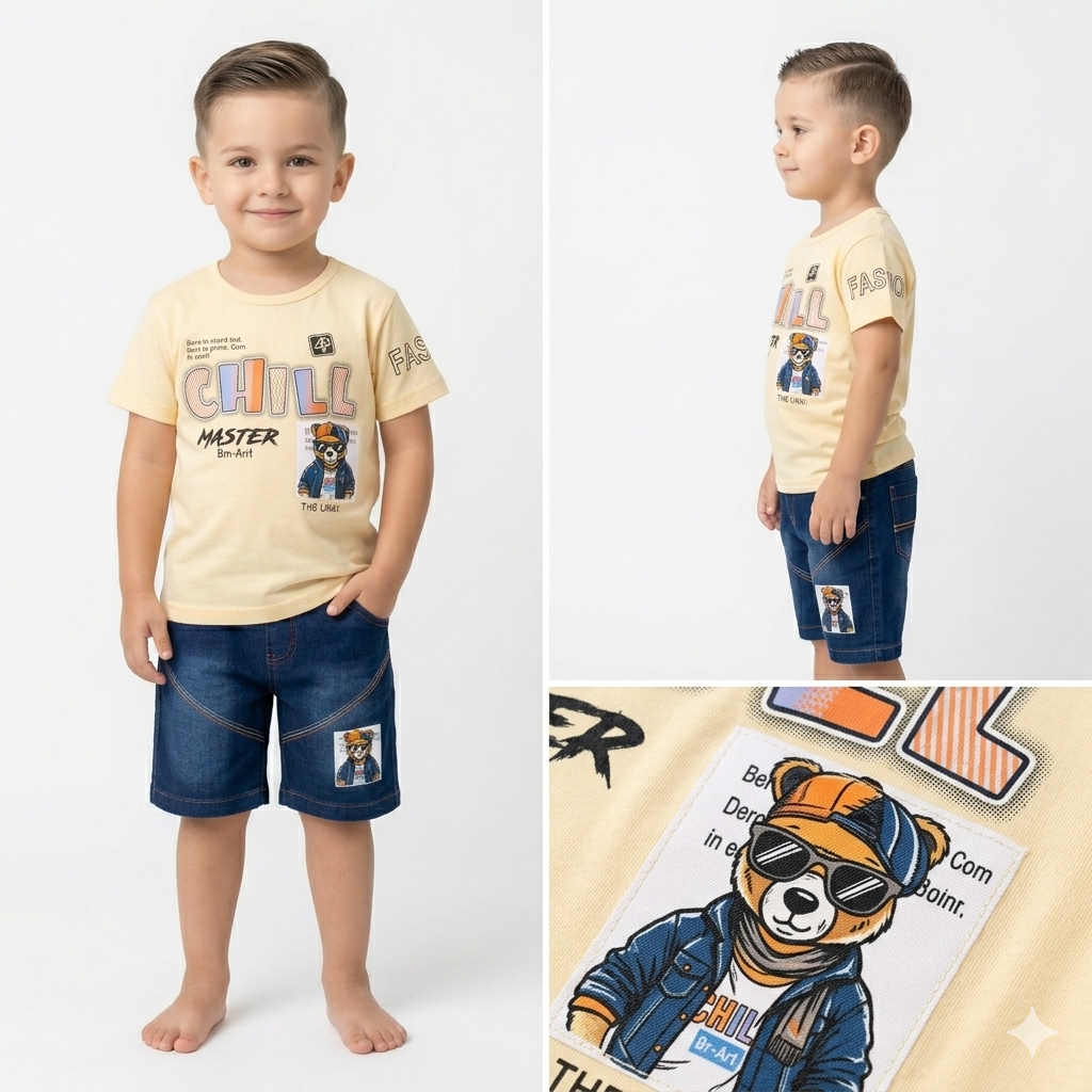 Kids "Chill Master" Summer Tee & Denim Shorts 2-Piece Set