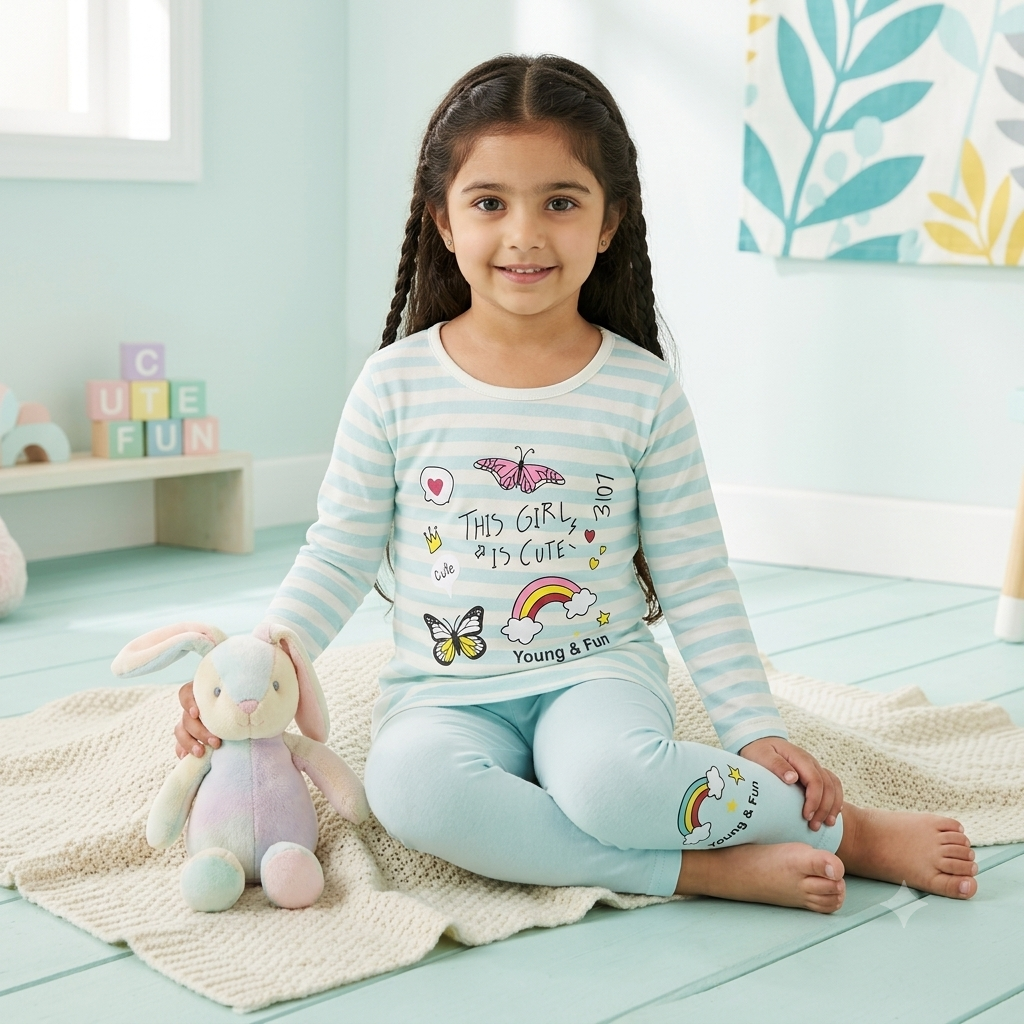 "Young & Fun" Girls' Pastel Striped Rainbow Nightwear Set – 2-Piece Cute Lounge Set
