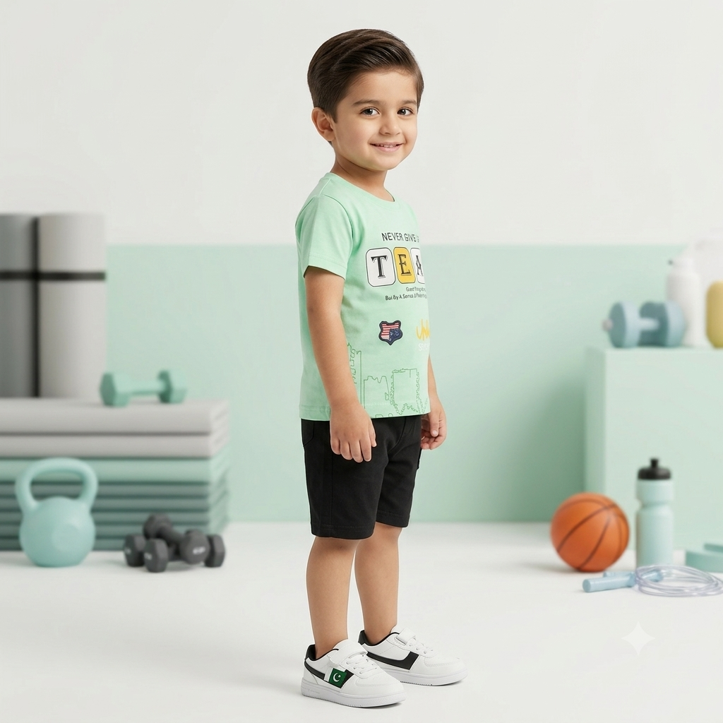 Kids "Never Give Up" Graphic Tee and Shorts Set – Mint Green & Black