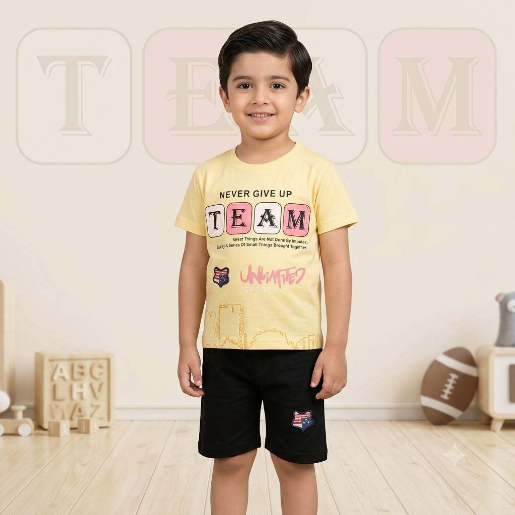 Boys Summer Casual "TEAM" T-Shirt & Shorts Set - Yellow & Black