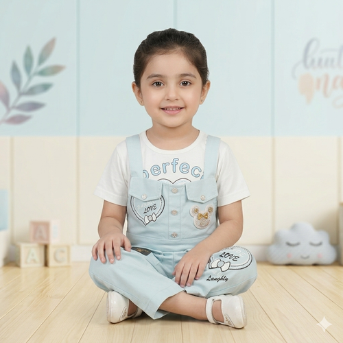 2-Piece Denim-Look Dungaree Jumpsuit with T-Shirt for Toddler Girls