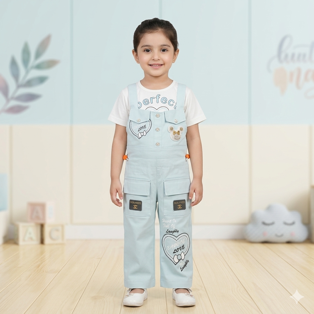 2-Piece Denim-Look Dungaree Jumpsuit with T-Shirt for Toddler Girls