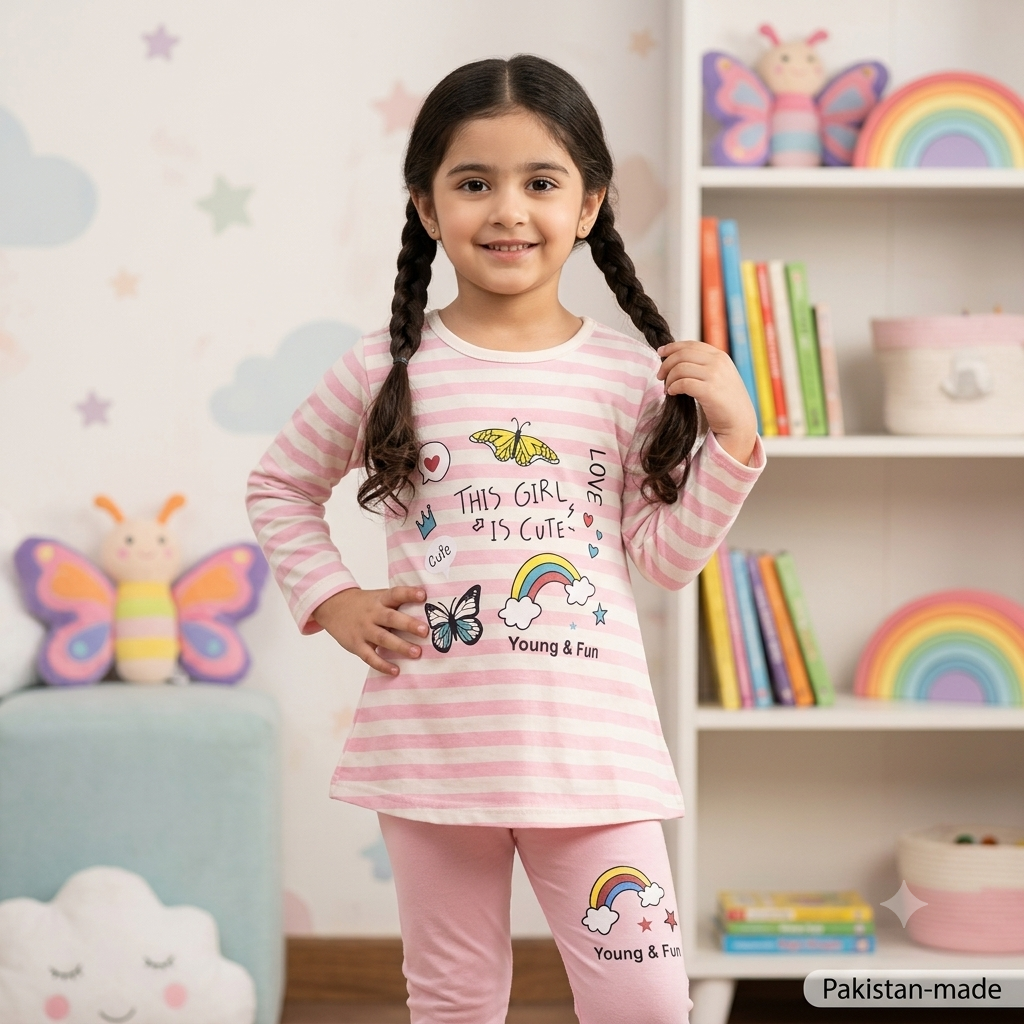 Cute "Young & Fun" Pink Striped Girls' Nightwear / Casual Top & Pajama Set