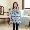 Girls Blue & White Floral Print 3-Tier Layered Frock with Navy Blue Tights