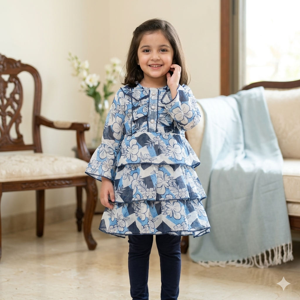 Girls Blue & White Floral Print 3-Tier Layered Frock with Navy Blue Tights