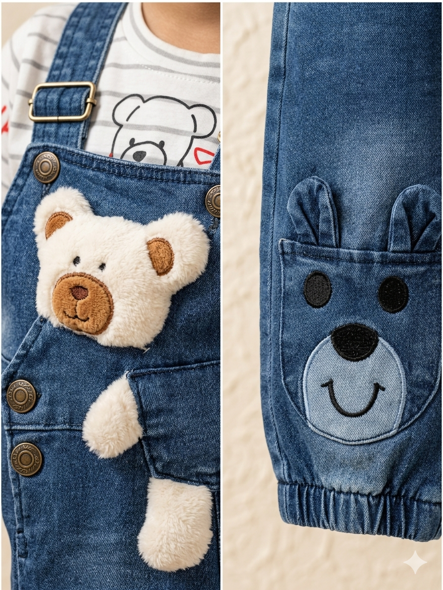 Kids Cute Bear Denim Romper & T-Shirt Set (2-Piece)