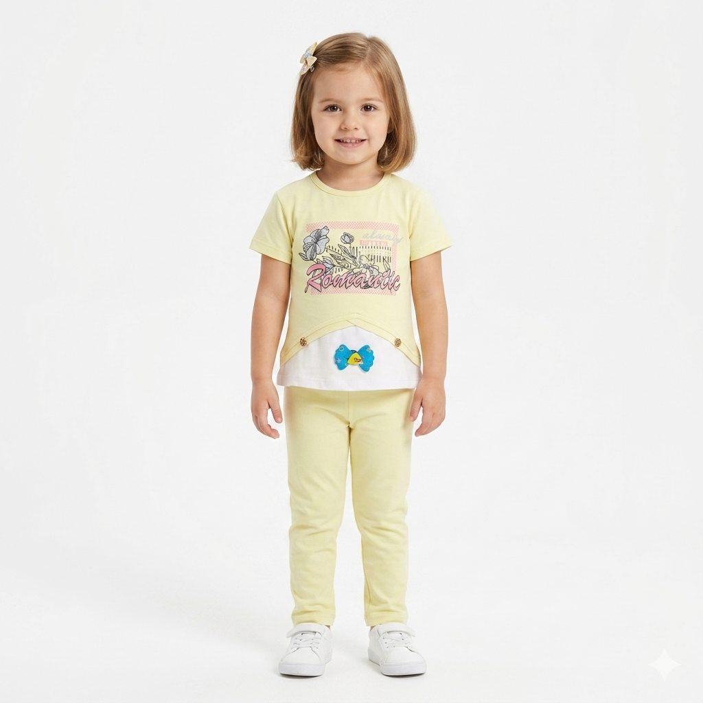 Toddler Girls Cute Yellow 2-Piece Graphic T-Shirt & Trouser Set