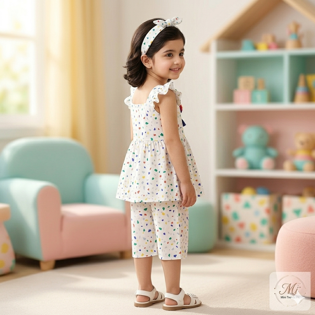 Little Girls' Vibrant Confetti Printed Top & Culotte Set with Matching Headband