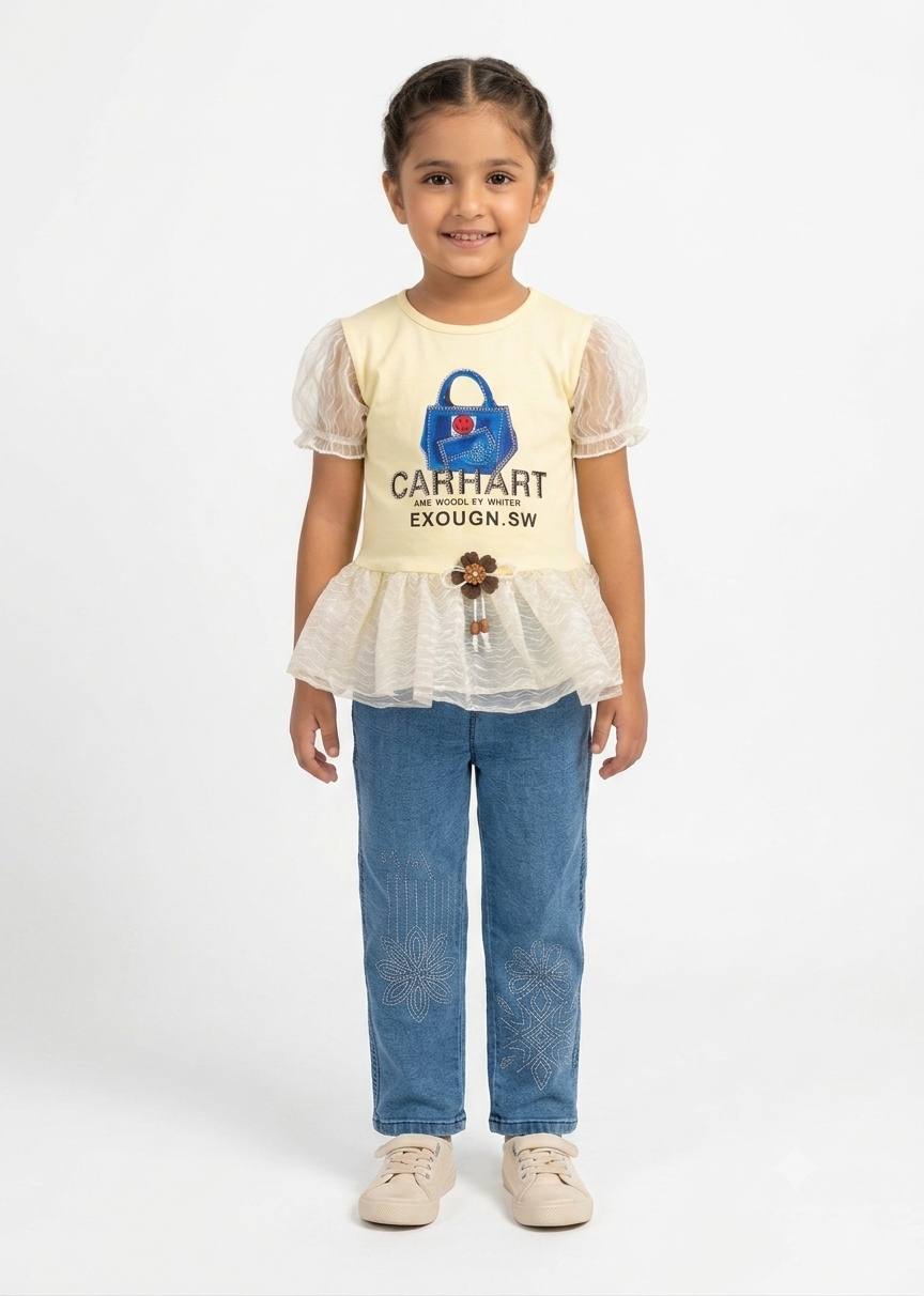 Girls Cute Peplum Top & Embroidered Denim Jeans Set (2-Piece)