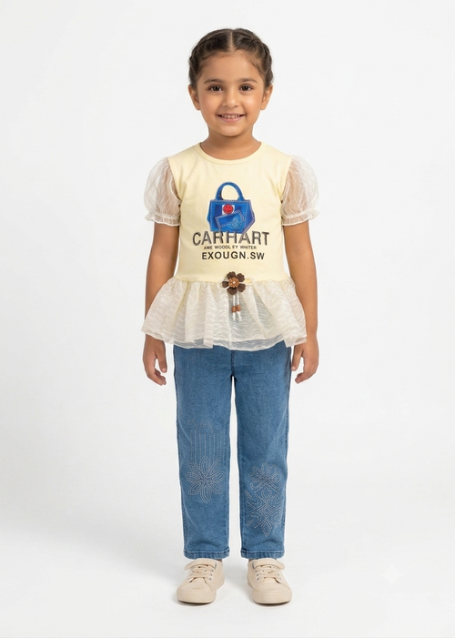 Girls Cute Peplum Top & Embroidered Denim Jeans Set (2-Piece)