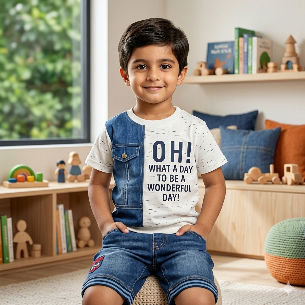 Boys' "Wonderful Day" Denim-Style Two-Piece Set