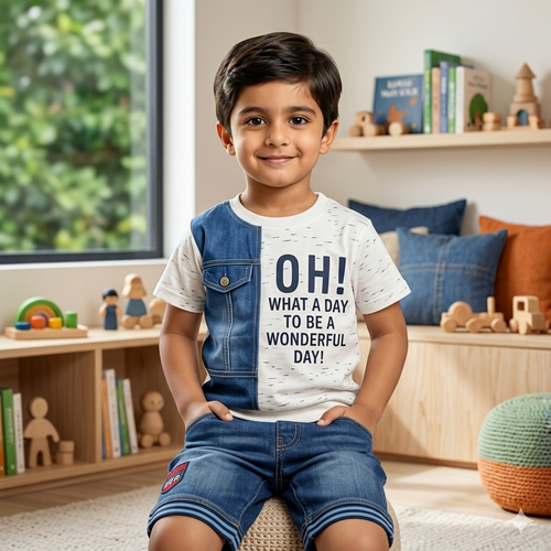 Boys' "Wonderful Day" Denim-Style Two-Piece Set