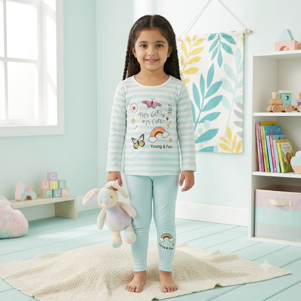 "Young & Fun" Girls' Pastel Striped Rainbow Nightwear Set – 2-Piece Cute Lounge Set