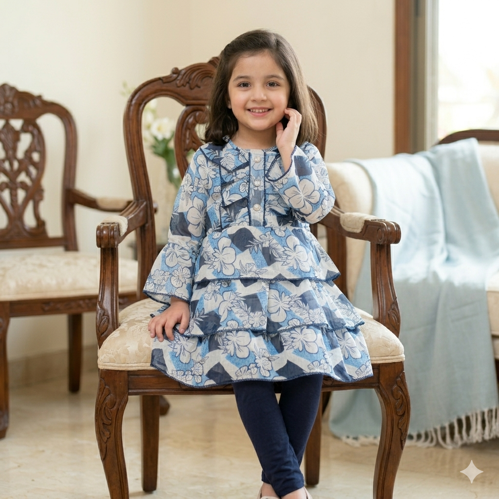 Girls Blue & White Floral Print 3-Tier Layered Frock with Navy Blue Tights