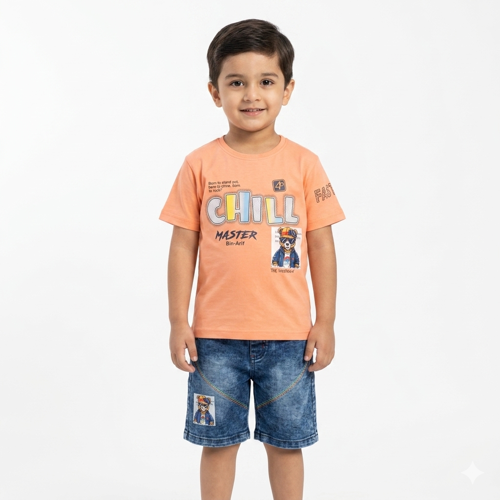 Kids "Chill Master" Summer Tee & Denim Shorts 2-Piece Set