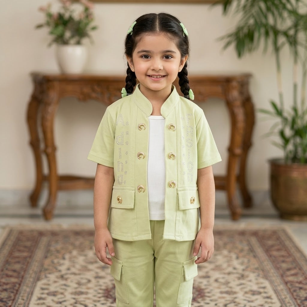 Cute 2-Piece Cargo Jacket & Pants Set in Pastel Pistachio Green