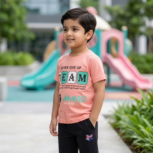 "TEAM" Printed Peach T-Shirt & Black Shorts