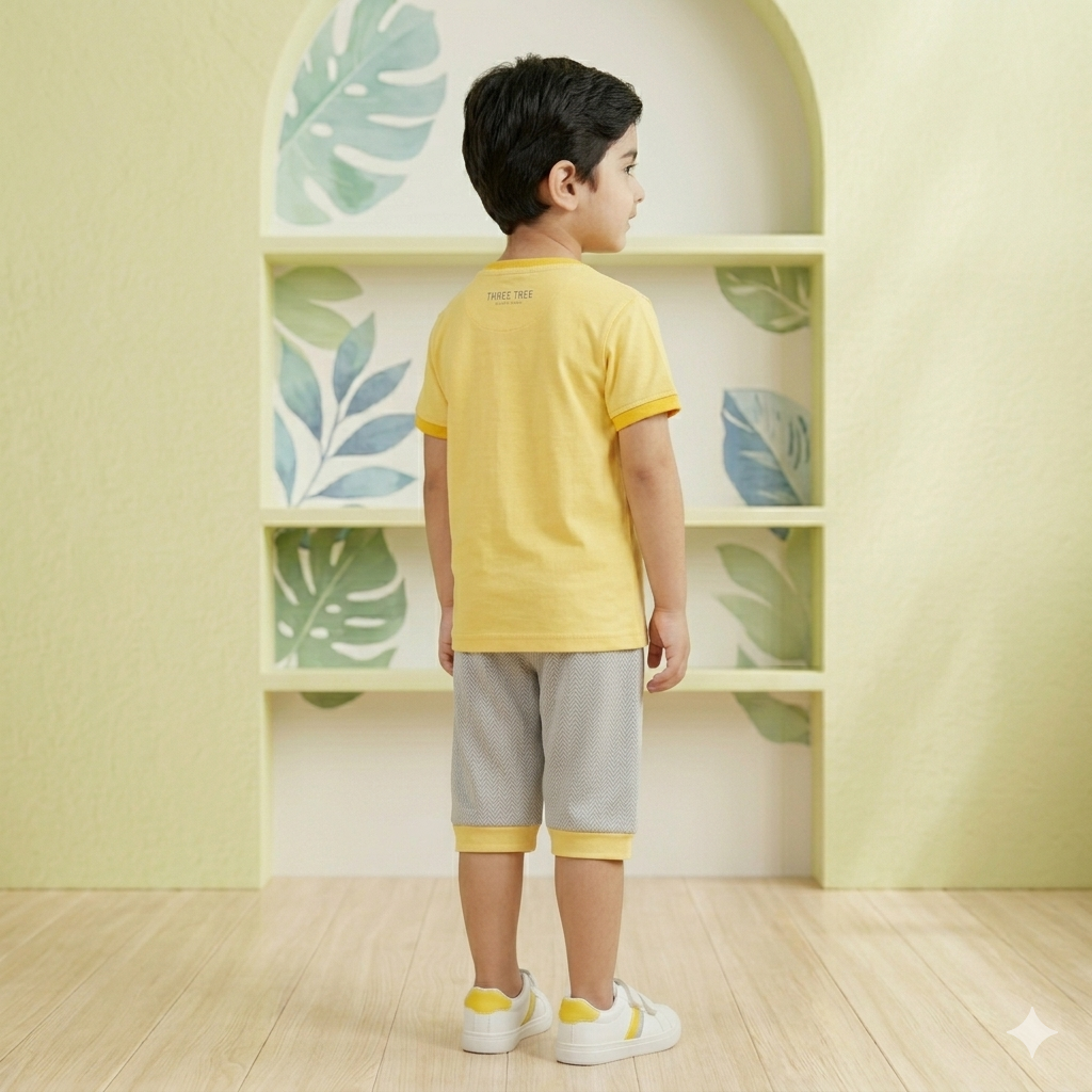 Kids Boys Graphic Printed Yellow T-Shirt and Grey Shorts Set