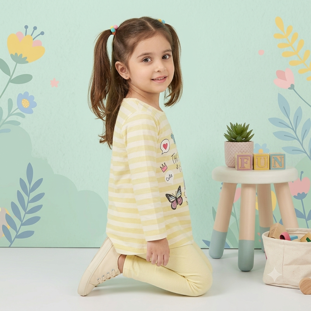 Young & Fun" Girls' Pastel Yellow Striped Graphic Pajama Set