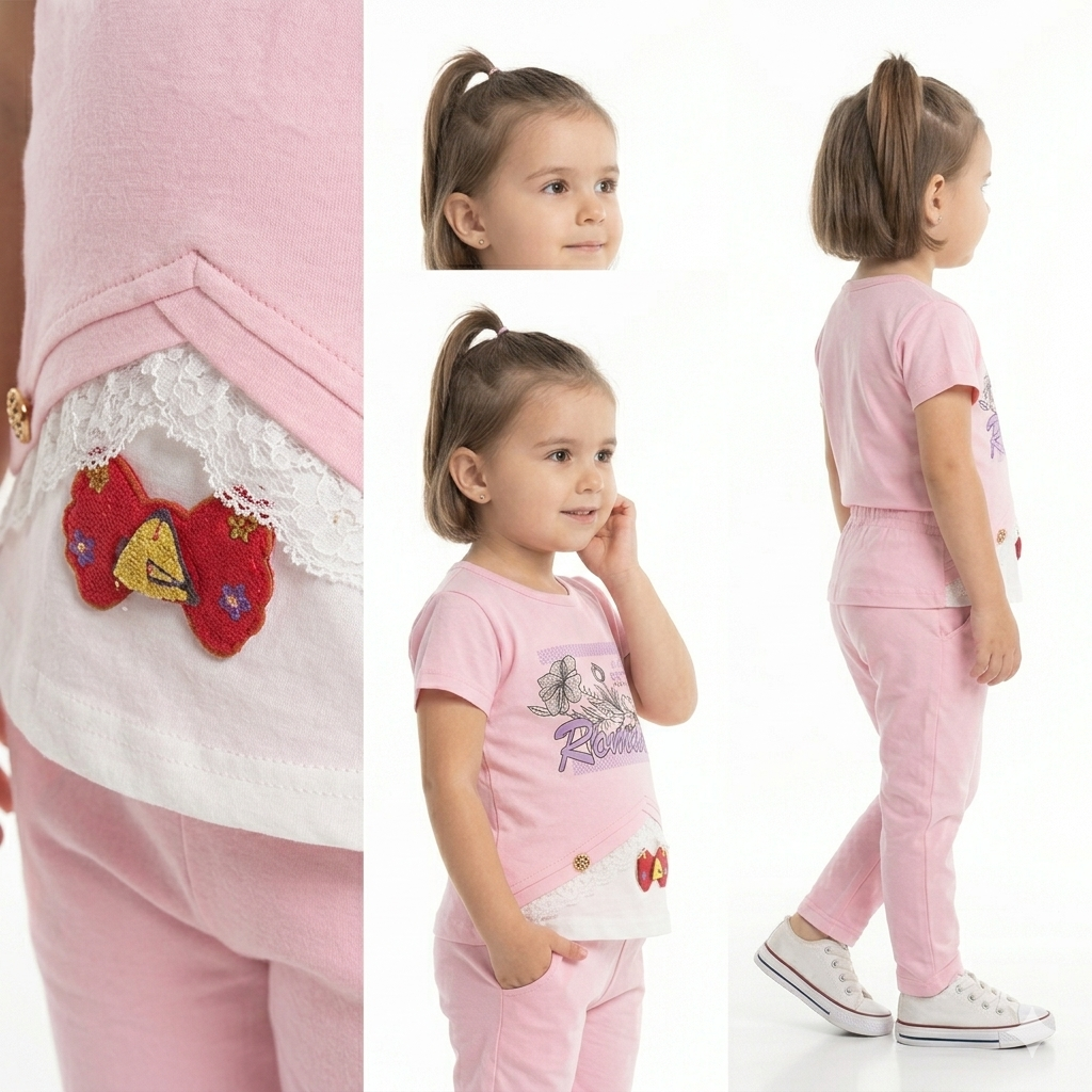 Toddler Girls' 2-Piece Pink Casual Outfit Set – Bow & Lace Detail Cotton Suit