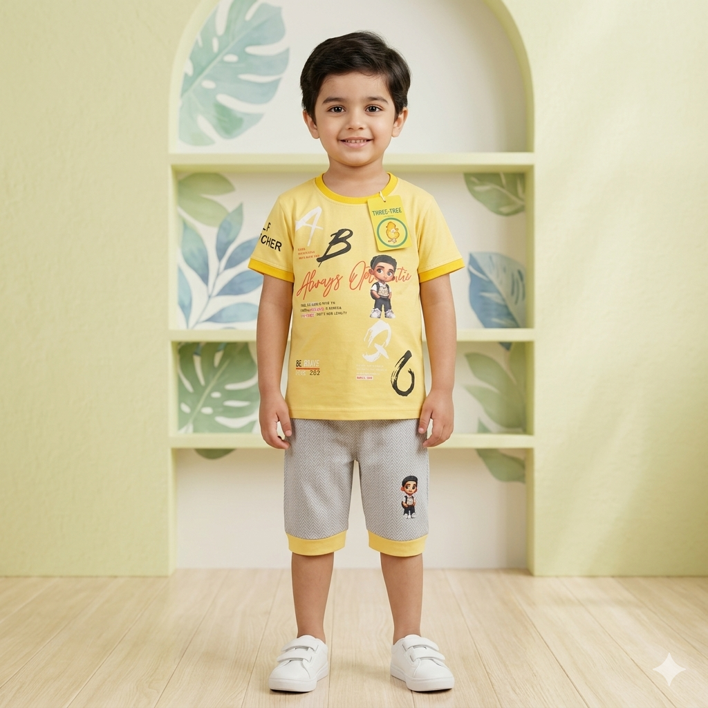Kids Boys Graphic Printed Yellow T-Shirt and Grey Shorts Set
