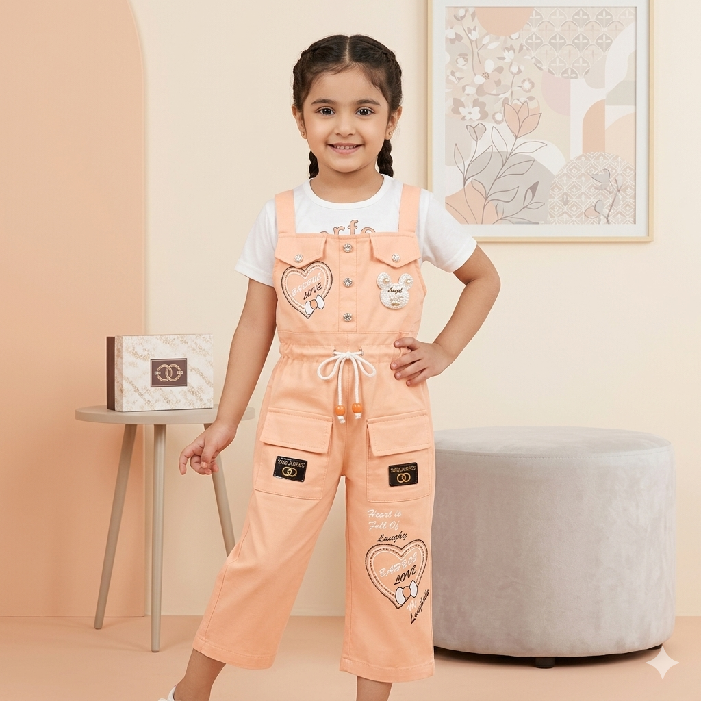 Cute Peach Dungaree & Tee Set for Girls