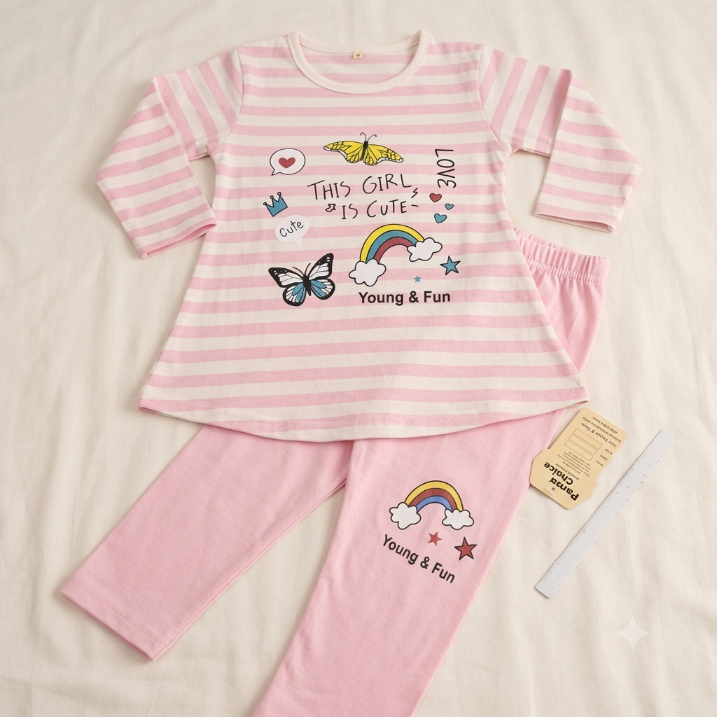 Cute "Young & Fun" Pink Striped Girls' Nightwear / Casual Top & Pajama Set