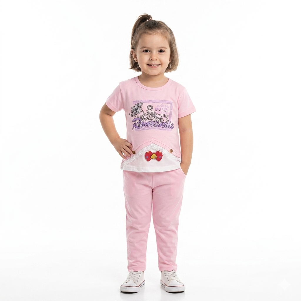 Toddler Girls' 2-Piece Pink Casual Outfit Set – Bow & Lace Detail Cotton Suit
