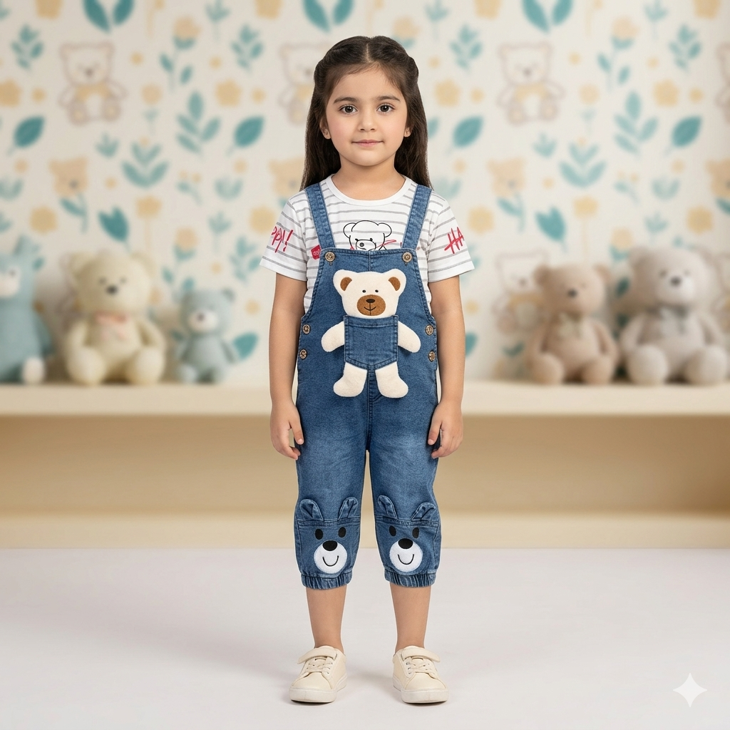 Kids Cute Bear Denim Romper & T-Shirt Set (2-Piece)