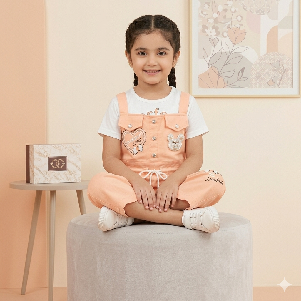 Cute Peach Dungaree & Tee Set for Girls