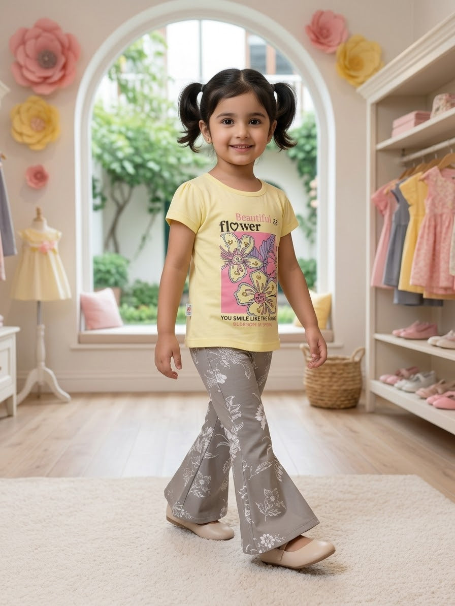 Little Blooms 2-Piece Summer Set – Yellow Graphic Tee & Floral Flared Pants
