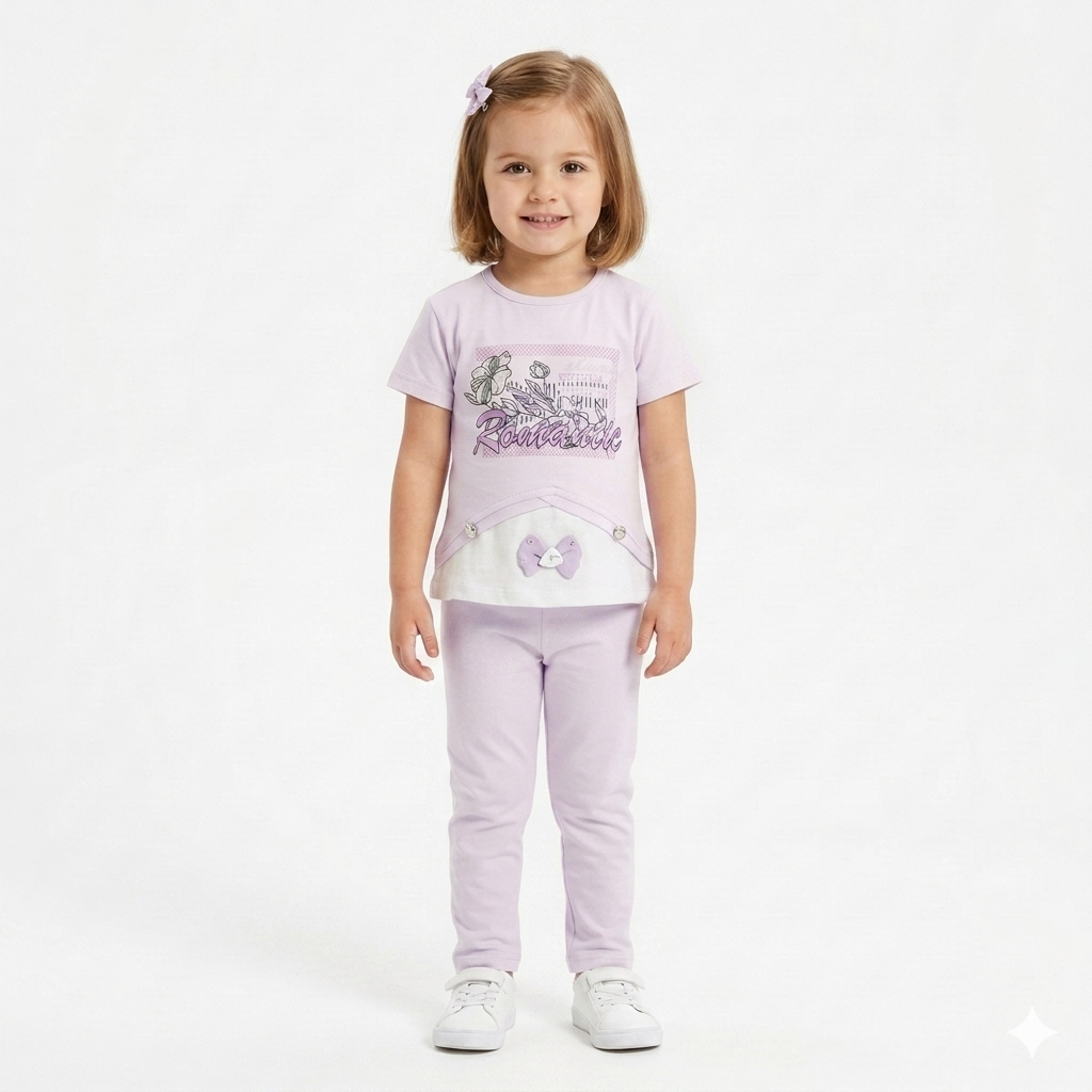 Toddler Girls 2-Piece Lavender Tracksuit Set | Floral Graphic Tee and Matching Pants
