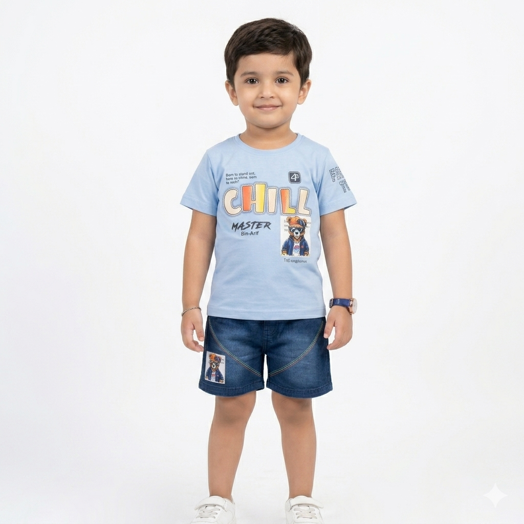 Boys "CHILL MASTER" Graphic Tee & Denim Shorts Casual Co-Ord Set