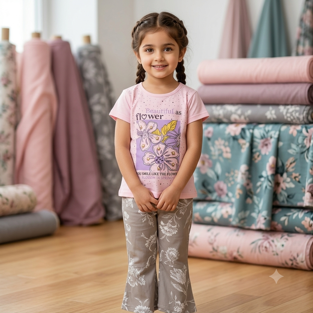 Beautiful As A Flower Girls' Graphic Tee & Floral Bell-Bottom Pants Set