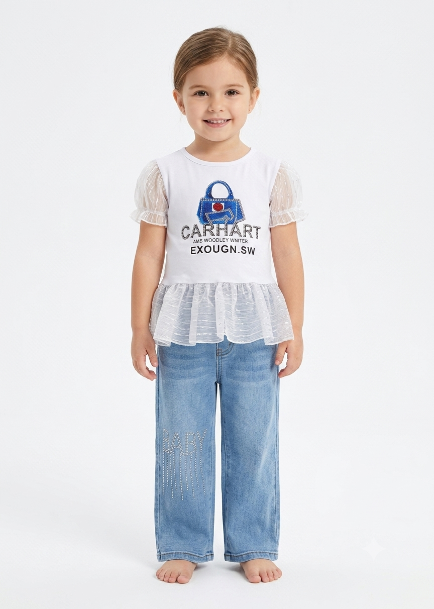 2-Piece Denim & Frill Top Set for Toddler Girls