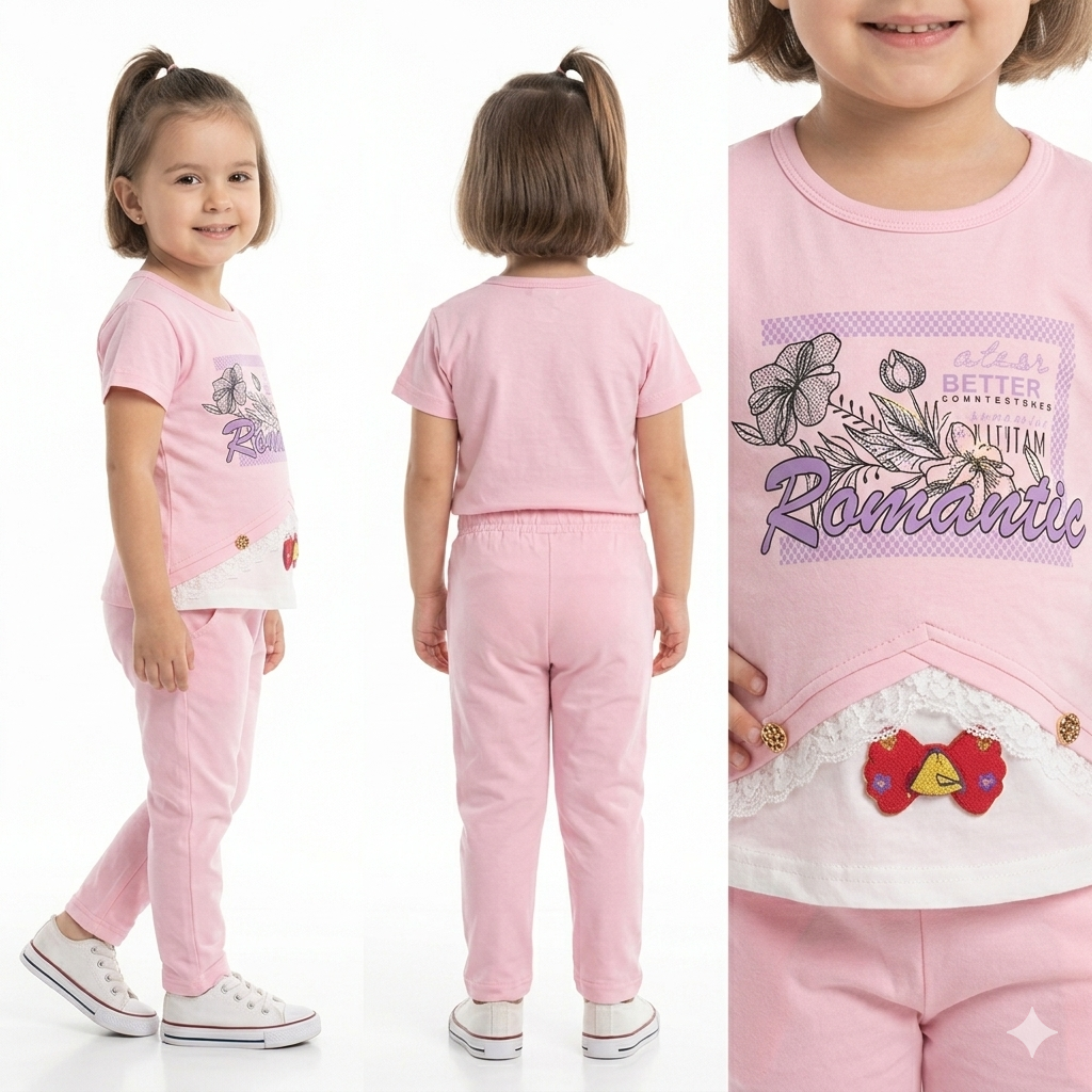 Toddler Girls' 2-Piece Pink Casual Outfit Set – Bow & Lace Detail Cotton Suit