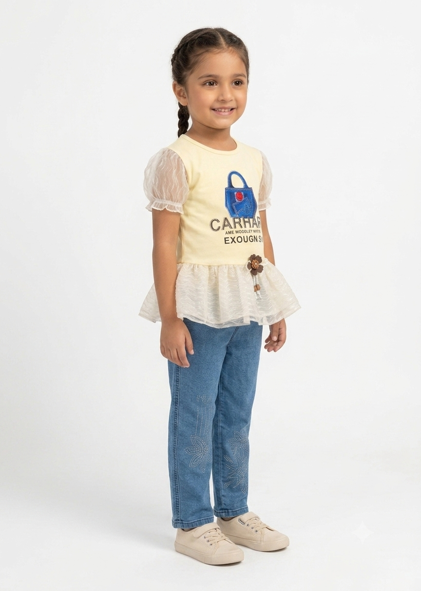 Girls Cute Peplum Top & Embroidered Denim Jeans Set (2-Piece)