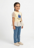 Girls Cute Peplum Top & Embroidered Denim Jeans Set (2-Piece)