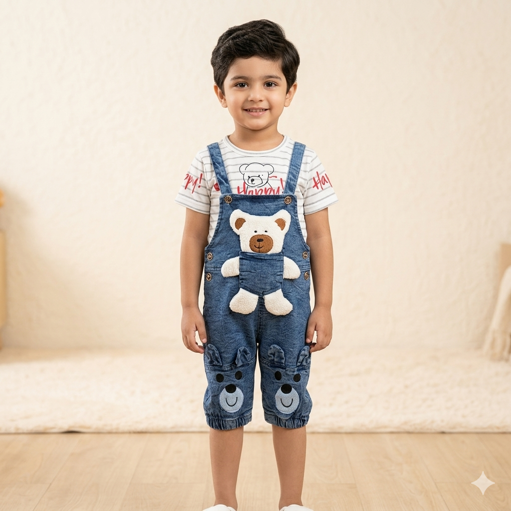Kids Cute Bear Denim Romper & T-Shirt Set (2-Piece)